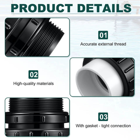 Hi Temp Unions 4 Pack For 2 Inch MIP Threads Pool Pumps With 2 Inch PVC Slip Socket Ends Compatible With Pentair Whisperflo And Intelliflo Pumps Briwooody details image showing close-up of union threads, materials, and seals.