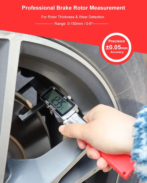Digital Disc Brake Rotor Micrometer With 0 To 50mm Range and 0 To 2 Inch Readout measuring brake rotor in wheel