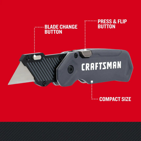 Heavy Duty Compact Folding Utility Knife Featuring Slick One Hand Push Button Opening, showing blade change button and compact size.