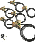 Keyed Alike Python Trail Camera Cable Locks Set In Camouflage Adjustable Six Foot Cables with locking heads and keys visible