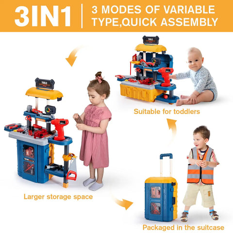 3 In 1 Kids Tool Workbench Set With Battery Drill showing convertible design and kids interacting with toy tools