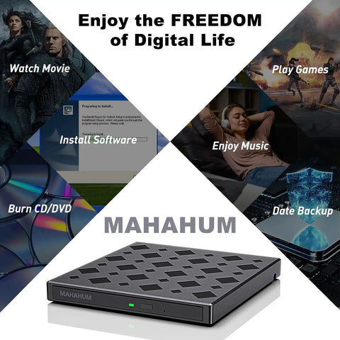 8 In 1 External CD DVD Drive For Laptop With USB 3.0 And USB C Portable CD Player And DVD Burner External Disc Drive For PC Mac Windows Built In USB Hub Plus SD And TF Card Reader Plug And Play Travel Ready black external drive