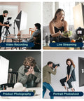 Two Pack 27 By 27 Inch Softbox Lighting Kit With 85W LED Bulbs And Remote in use for video, streaming, product, and portrait shoots.