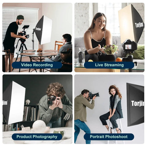 Two Pack 27 By 27 Inch Softbox Lighting Kit With 85W LED Bulbs And Remote in use for video, streaming, product, and portrait shoots.