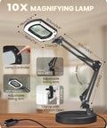 Diagram of 10X Magnifying Lamp With Stand And LED Light showing measurements and features such as swing arm, clamp, and 5-inch lens.