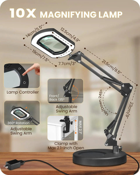 Diagram of 10X Magnifying Lamp With Stand And LED Light showing measurements and features such as swing arm, clamp, and 5-inch lens.