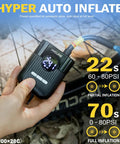 Hand holding Mini Electric Bike Pump On The Go With 30 Second Fast Inflate And 150 PSI High Pressure Gauge, inflating bike tire.