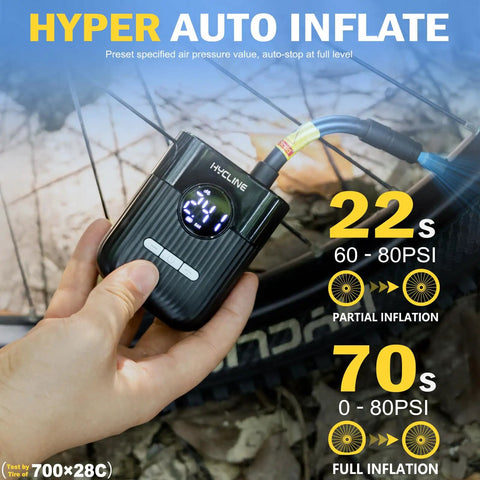 Hand holding Mini Electric Bike Pump On The Go With 30 Second Fast Inflate And 150 PSI High Pressure Gauge, inflating bike tire.