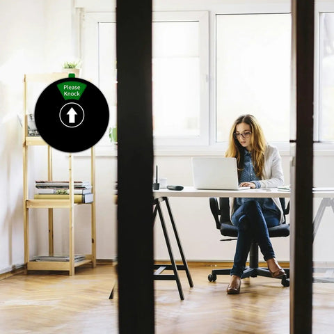 Rotating Privacy Door Sign For Offices No Fuss Do Not Disturb Out Of Office Please Knock In A Meeting Working Remotely And Back Soon 6 Inch Black With Easy Switch Between Six Modes visible in home office