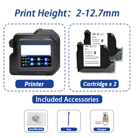 Snazzy 0.5 Inch Portable Mini Touchscreen Inkjet Printer For Quik QR Barcode And Expiration Date Labels With Two Ink Cartridges Lightweight Wireless Jet Printing Machine Super Handy Gadget with included cartridges and accessories.