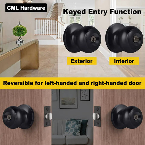 Matte Black Entry Door Knobs 4 Pack With Keyed Different Locks Round Ball Handles for front or back doors with adjustable backset