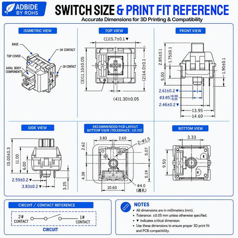 Blue Mechanical Keyboard Switches 60 Pack For Replacement And Testing 3 Pin Design Compatible With 5 Pin Layout Great For DIY Builds 3D Print Projects Mods And Spare Key Switches dimension chart