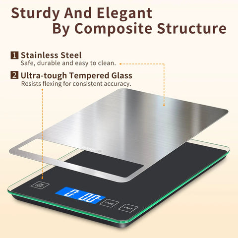Pro Grade Digital Kitchen Scale With 33 Pound Capacity, Stainless Steel And Tempered Glass Surface, USB Rechargeable, display