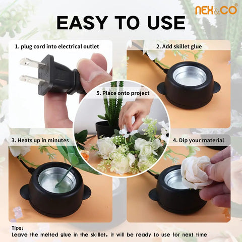 Instructional image showing steps to use Compact Portable 2.5 Inch Mini Electric Hot Glue Pot 35W Fast Heating Up To 380 Fahrenheit For On The Go Small Crafts Beads Floral Arrangements Wreaths Wax Pellets Sticks Dipping Stems And More.