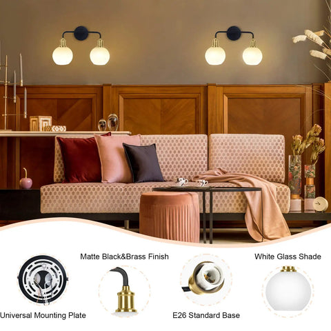 Dope Two Light Vanity Light Over Mirror 17 Inch Black And Gold Wall Sconce Lighting With White Glass Globe Shades Mid Century E26 Socket Damp Location Bathroom Fixture Bulbs Not Included mounted on wood paneled wall above couch