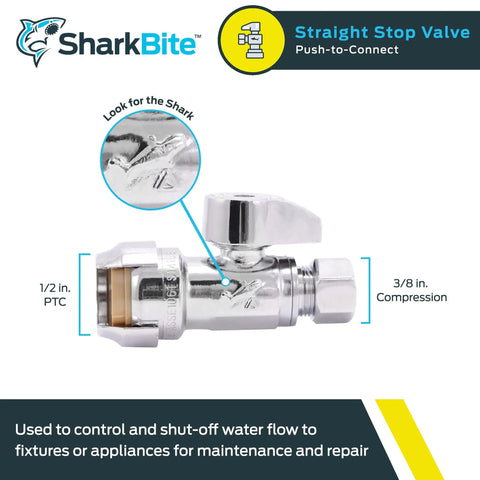 Brass Push Straight Stop Valve One Half Inch By Three Eighths Inch Compression Quarter Turn Push To Connect Plumbing Fitting For PEX Copper CPVC PERT HDPE And Other Fixtures