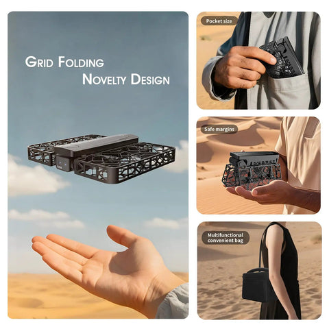 Pocket Size Drone With Optical Flow Positioning Foldable Design And 720P HD Camera shown in hand and pocket for portability