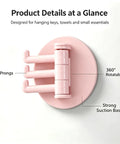 No Drill Rotatable 3 Prong Wall Hook With Insane Adhesive Hold For Durable Key Towel Bag Storage Waterproof Swiveler viewed from above showcasing 360° rotatable design.