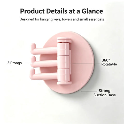 No Drill Rotatable 3 Prong Wall Hook With Insane Adhesive Hold For Durable Key Towel Bag Storage Waterproof Swiveler viewed from above showcasing 360° rotatable design.