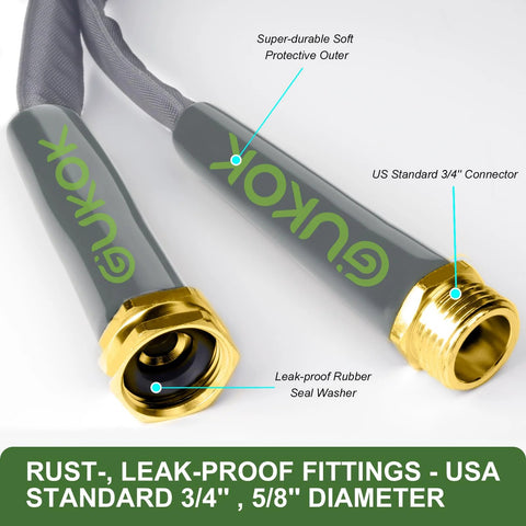 GUKOK 50ft non-expanding garden hose with gray soft outer layer and brass fittings