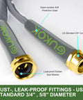 Two GUKOK garden hoses with gray protective outer and brass fittings, 3/4-inch US connectors.