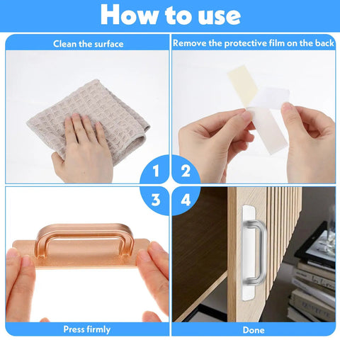 4 Pack Adhesive Cabinet Handles No Drill Stick On Cabinet Pulls Durable Self Stick Drawer Handles For Kitchen Bathroom Furniture Easy Install Strong Bonding On Wood Metal Plastic, installation steps