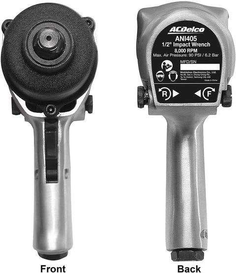 Front and back view of One Half Inch Air Impact Wrench With Five Hundred Foot Pounds Max Torque At Ninety PSI Twin Hammer Heavy Duty Pneumatic Tool