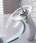 Tall Waterfall Vessel Sink Bathroom Faucet With Glass Disk In Chrome Finish, Dope Eye Catching Centerpiece, water flow detail