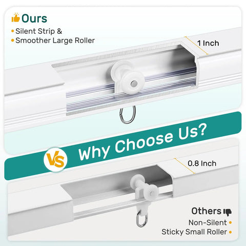 Ultra Quiet Ceiling Curtain Track Aluminum Rail White 6 To 9 Feet Heavy Duty With Sound Dampening Strips And Low Friction Pulleys For Smooth Drapery Operation, 1-inch profile