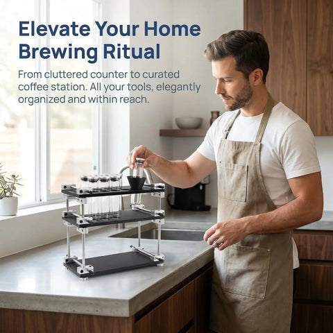 Keep Your Morning Brew On Lock With This Sleek Single Dose Coffee Bean Storage Rack Featuring Eight Smooth Glass Jars Precision Dosing Funnels And True One Way Seals For Every Chill Home Brewer, displayed in kitchen.