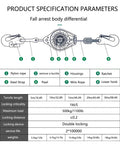 Rock Solid Safety Fall Protection Kit specification diagram with braided steel cable, dual locking mechanism, and self-locking hooks.