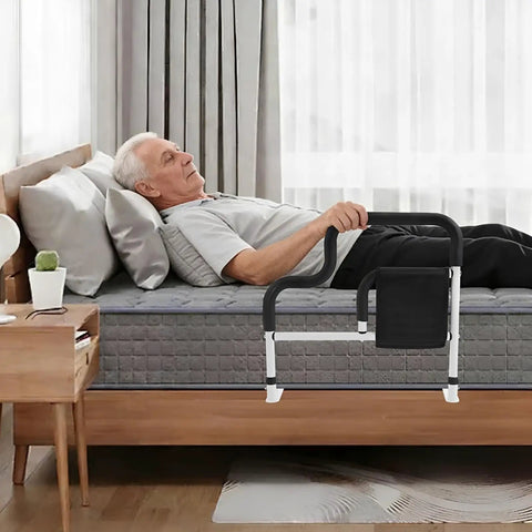 Senior using Bedside Grab Rail For Seniors With Storage, L Shaped Bed Rail For Safety And Mobility, Sturdy Carbon Steel Frame