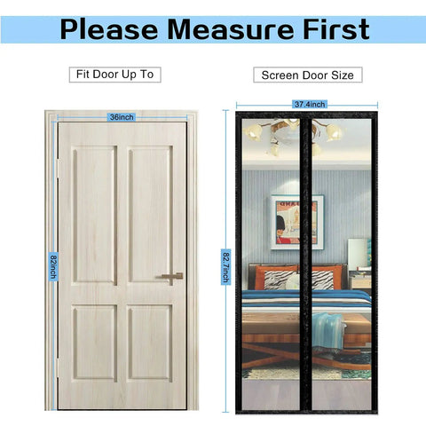 Transparent Magnetic Insulated Curtain for Screen Door, fits doors up to 36 by 82 inches, shown in bedroom setting.
