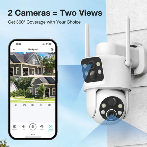 Dual Lens Solar Wireless Outdoor Security Cameras No Blind Spots With 2K Full HD Video And 360 Degree Pan Tilt Color Night Vision