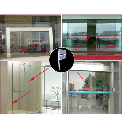 F Type Glass Door Seal Strips for Three Eighths Inch Glass, Overlap Seal visible on office and shower sliding doors, soft silicone gasket