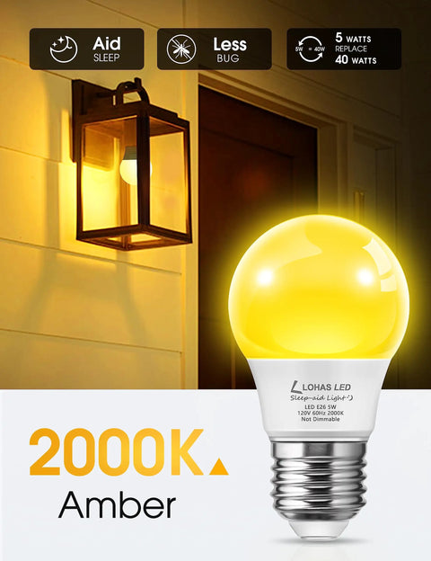 Yellow Amber Bug Light Bulbs For Outdoor Porch And Indoor Hallways A15 5W LED 450 Lumens E26 Edison Base shown in lantern