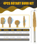 Heavy Duty Titanium Coated Rotary Burr Set Beefy Carbide Bits For Wood Carving 4 Piece 1/8 Inch Coarse, showing sizes and types of rotary burrs.