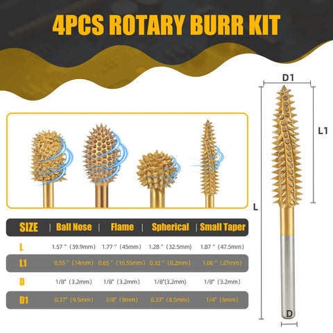 Heavy Duty Titanium Coated Rotary Burr Set Beefy Carbide Bits For Wood Carving 4 Piece 1/8 Inch Coarse, showing sizes and types of rotary burrs.