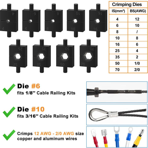 Hydraulic Crimping Tool And Cable Cutter Kit With 9 Dies For 1 Eighth To 3 Sixteenth Stainless Steel Cable Railing, crimping dies and wire sizes