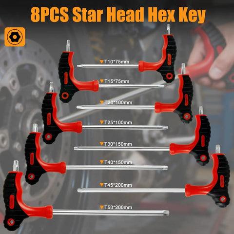 8-piece T-handle star head hex key set in use on auto repair, heavy-duty, heat-treated vanadium steel, ergonomic grip
