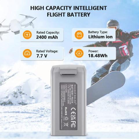 Smart Flight Battery For DJI Mini Series Replacement 2400mAh Up To 31 Minutes Flight Time shown with drone and snowboarder in background
