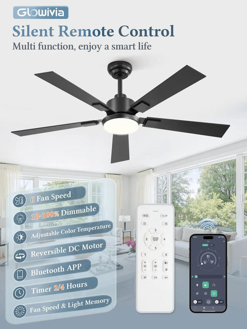 52 Inch Black Smart Ceiling Fan With Dimmable 3000K To 6000K LED Light Remote And App Control Six Speed Quiet Reversible Motor