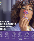 Model with painted nails, Six Piece Purple Gel Nail Polish Set Soak Off UV LED Gel Kit, blowing bubbles, focus on nails