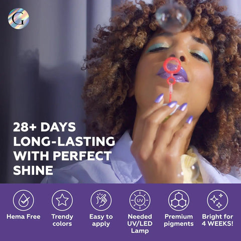 Model with painted nails, Six Piece Purple Gel Nail Polish Set Soak Off UV LED Gel Kit, blowing bubbles, focus on nails