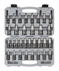 Open case of Half Inch Drive Hex And Torx Impact Socket Set With Case, 32-Piece, Includes 1/4 To 3/4 Inch Hex Sockets, 6 To 19 Mm Metric Hex Sockets, And T30 To T70 Torx Bits For Tough As Nails Performance.