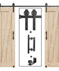 Double Sliding Barn Door Hardware Track Kit With Industrial Spoke Wheel Handle, wall mount black finish, doors not included