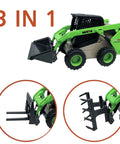 Durable Skid Steer Loader 3 In 1 Diecast Metal Construction Truck With Forklift And Grab Shovel, alloy wheeled loader toy, green