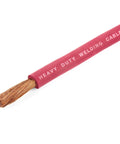 2 Gauge Premium Extra Flexible Welding Cable 600 Volt Red 10 Feet Made In The USA Sunlight Resistant Water Resistant 30 Gauge Copper Stranding Heavy Duty Arc Welding Wire For Industrial Use showing red jacket and copper strands.