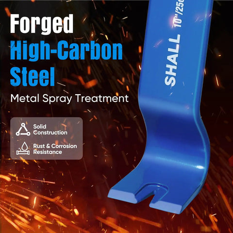 Close-up of a high-carbon steel pry bar from Four-Piece Flat Pry Bar Set with 10 Inch Crowbar and rust-resistant finish.