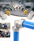 Two Pack Three Quarter Inch Elbow Air Piping Fittings For Shop And Garage Compressed Air Line System Brass Nickel Plated 200 PSI Quick Connect Compression Fittings shown in different views